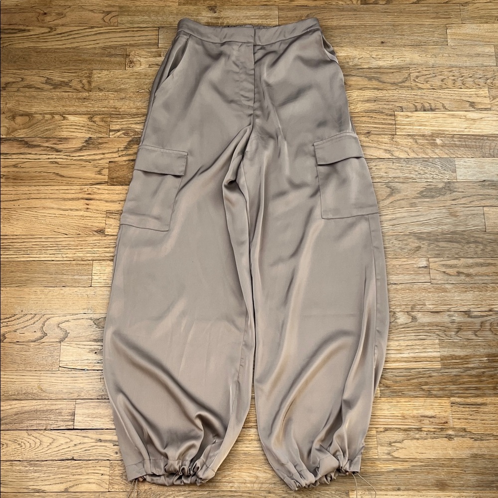 Women’s Satin Khaki Cargo Pants with Drawstring Ankle